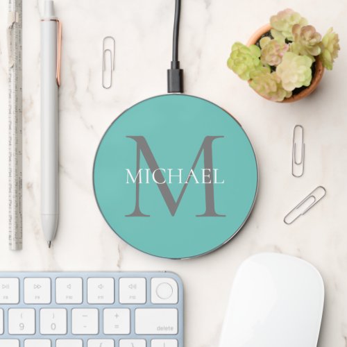 Personalized Monogram and Name Light Teal Wireless Charger