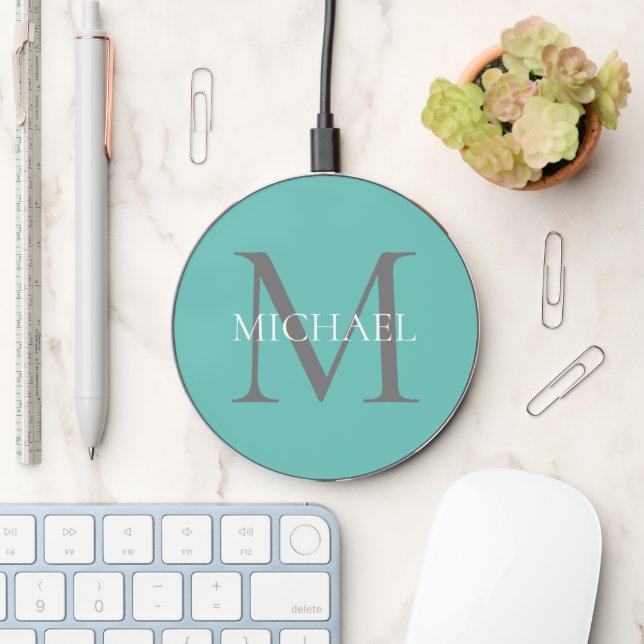 Personalized Monogram and Name Light Teal Wireless Charger (Desk)