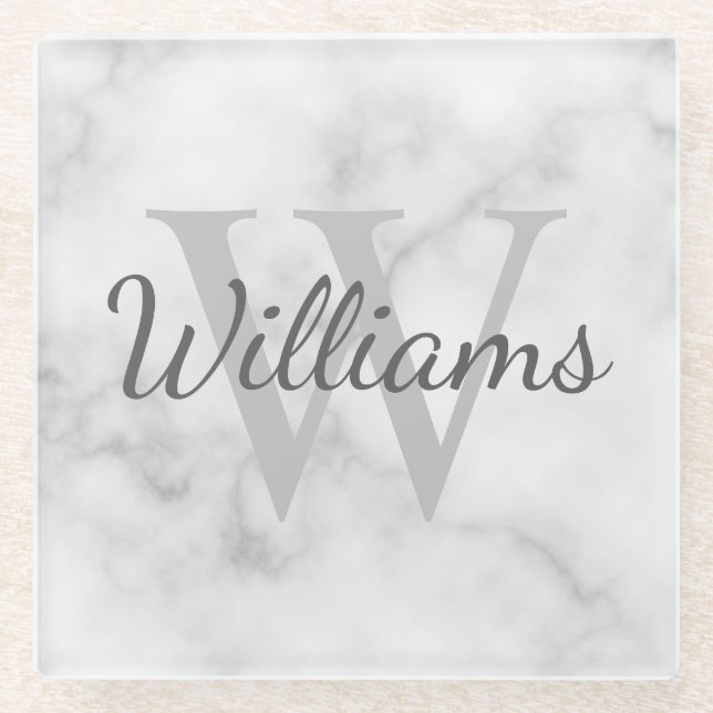 Personalized Monogram and Name Marble Look Glass Coaster (Front)