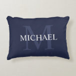 Personalized Monogram and Name Navy Blue Accent Pillow<br><div class="desc">Personalized Monogram and Name Gift
features personalized name in white and monogram in light navy blue as background,  in classic serif font style,  
on navy blue background.

Perfect as holiday gift,  family reunion favors,  housewarming gift,  wedding gift and gift for any special occasions.</div>