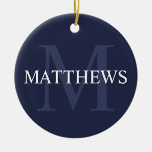 Personalized Monogram and Name Navy Blue Ceramic Ornament
