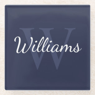 Personalized Monogram and Name Navy Blue Glass Coaster