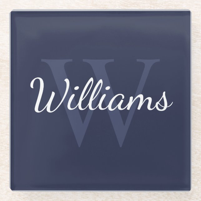 Personalized Monogram and Name Navy Blue Glass Coaster (Front)