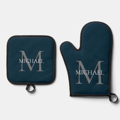 Personalized Monogram and Name Navy Blue Oven Mitt  Pot Holder Set
