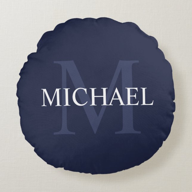 Personalized Monogram and Name Navy Blue Round Pillow (Front)
