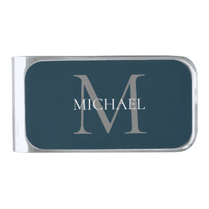 Personalized Monogram and Name Navy Blue Silver Finish Money Clip