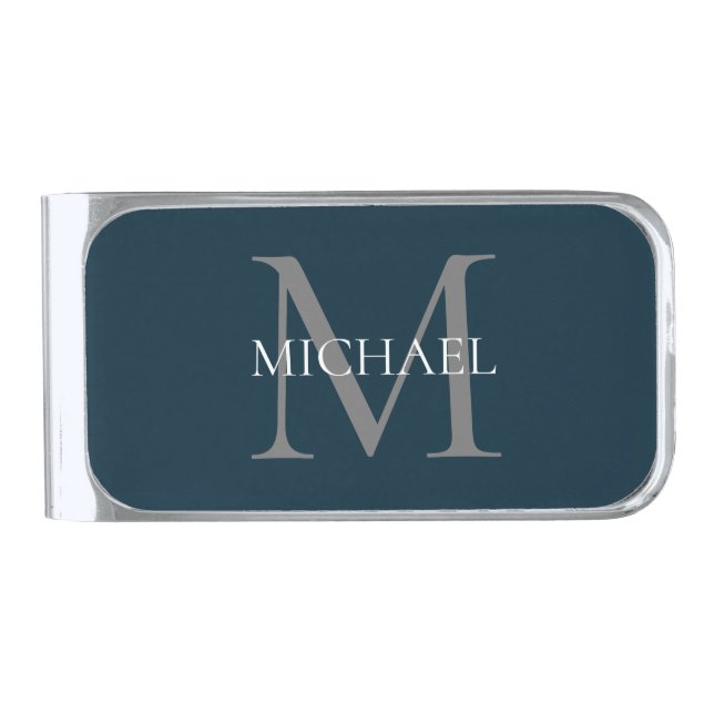 Personalized Monogram and Name Navy Blue Silver Finish Money Clip (Front)