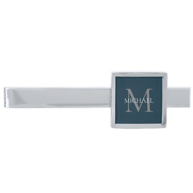 Personalized Monogram and Name Navy Blue Silver Finish Tie Bar (Front)