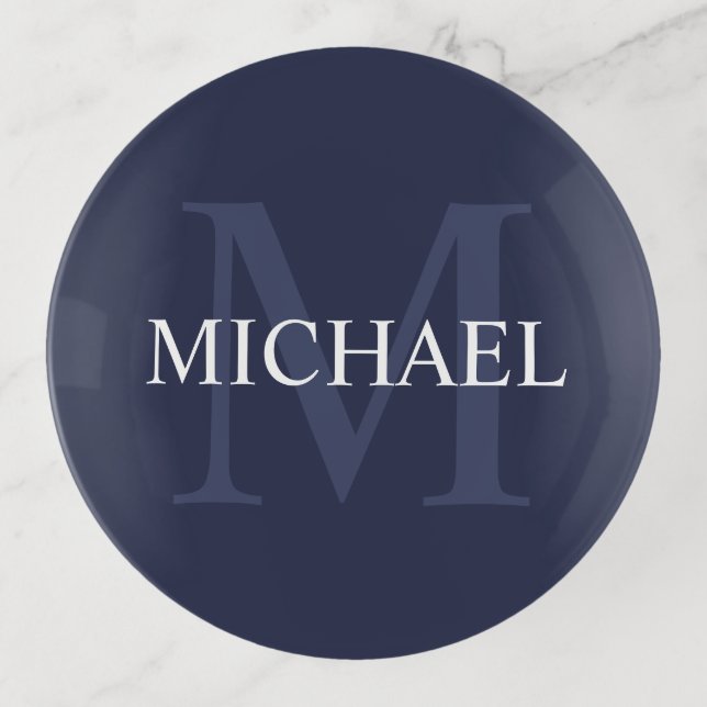Personalized Monogram and Name Navy Blue Trinket Tray (Front)