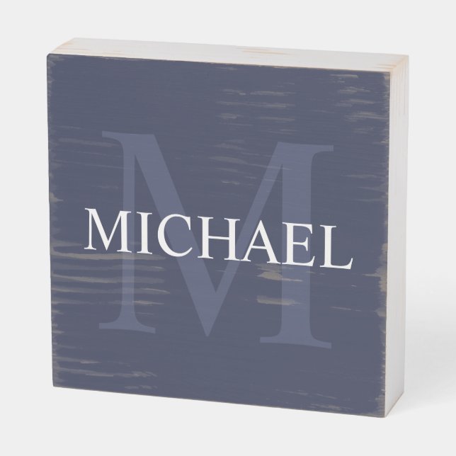 Personalized Monogram and Name Navy Blue Wooden Box Sign (Angled Horizontal)
