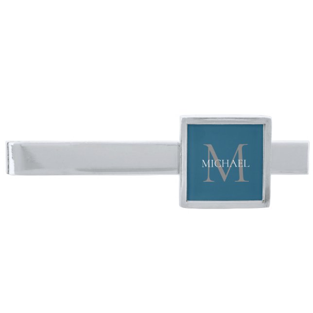 Personalized Monogram and Name Ocean Blue Silver Finish Tie Bar (Front)