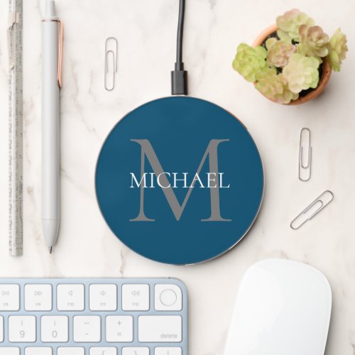 Personalized Monogram and Name Ocean Blue Wireless Charger