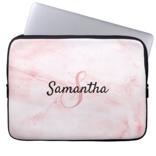 Personalized Monogram and Name Rose Pink Marble Laptop Sleeve