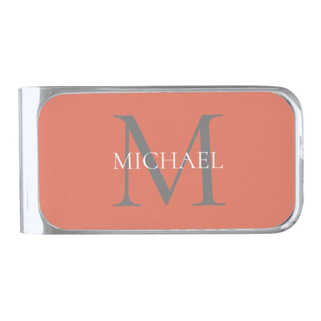 Personalized Monogram and Name Terracotta Silver Finish Money Clip (Front)