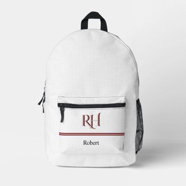 Personalized Monogram and Name White Grey Red Printed Backpack (Front)