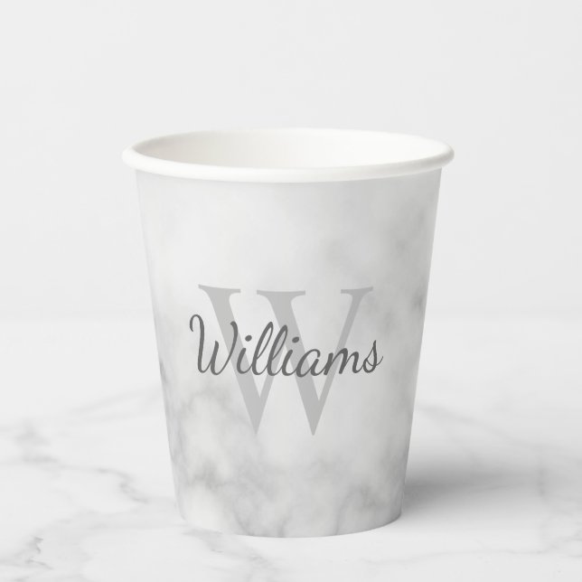 Personalized Monogram and Name White Marble Paper Cups (Front)