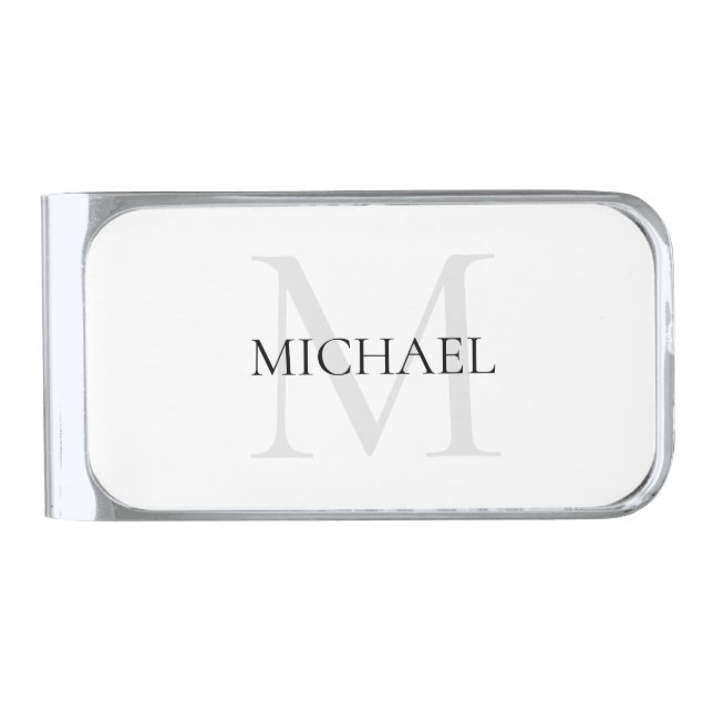 Personalized Monogram and Name White Silver Finish Money Clip (Front)