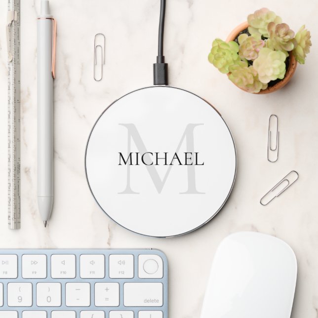 Personalized Monogram and Name White Wireless Charger (Desk)