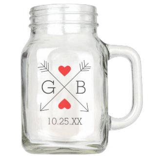 Personalized Monogram Arrows and Hearts Wedding Mason Jar