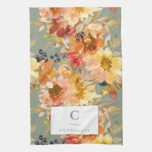 Personalized Monogram Autumn Fall Floral Earthy Kitchen Towel