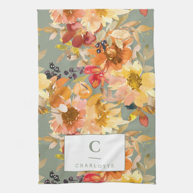 Personalized Monogram Autumn Fall Floral Earthy Kitchen Towel (Vertical)