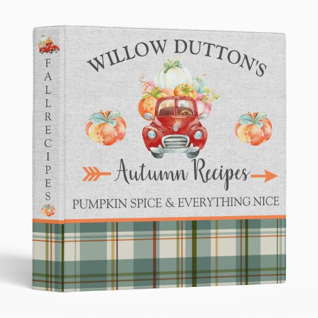 Personalized Monogram Autumn Harvest Truck Recipe 3 Ring Binder (Front/Spine)