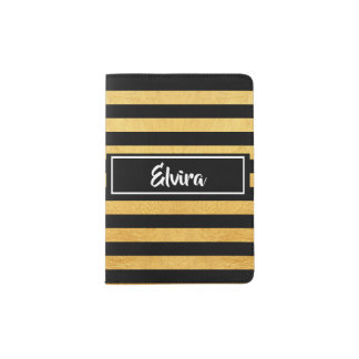 Personalized Monogram Black and Gold Foil Striped Passport Holder
