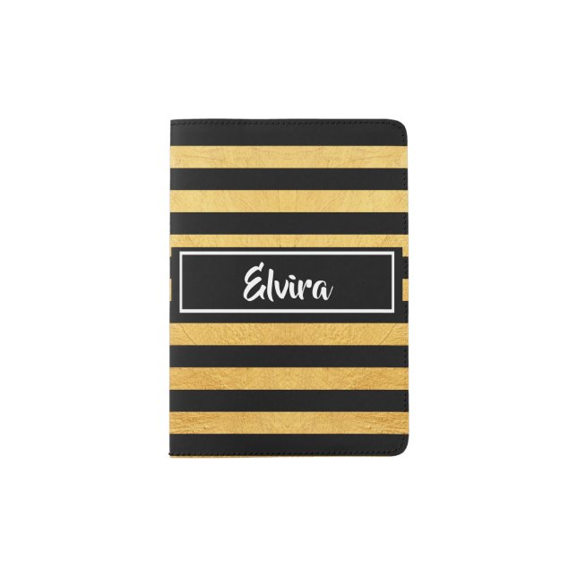 Personalized Monogram Black and Gold Foil Striped Passport Holder (Front)