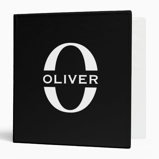 Personalized Monogram Black And White Name 3 Ring Binder (Front/Inside)