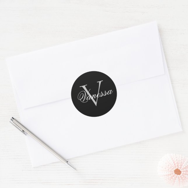 Personalized Monogram Black Classic Round Sticker (Envelope)