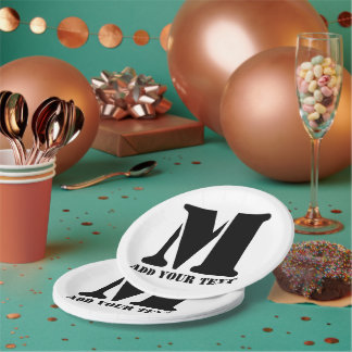 Personalized Monogram Black Custom Modern Text Paper Plates