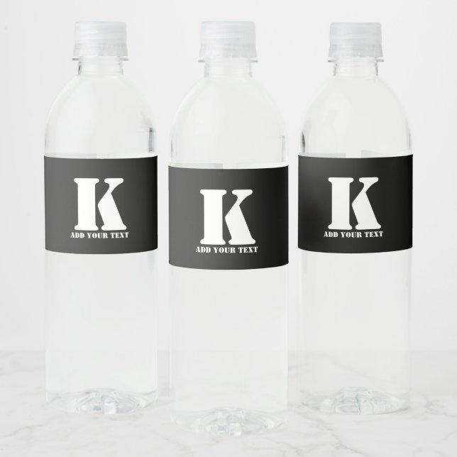 Personalized Monogram Black Custom Modern Text Water Bottle Label (Bottles)