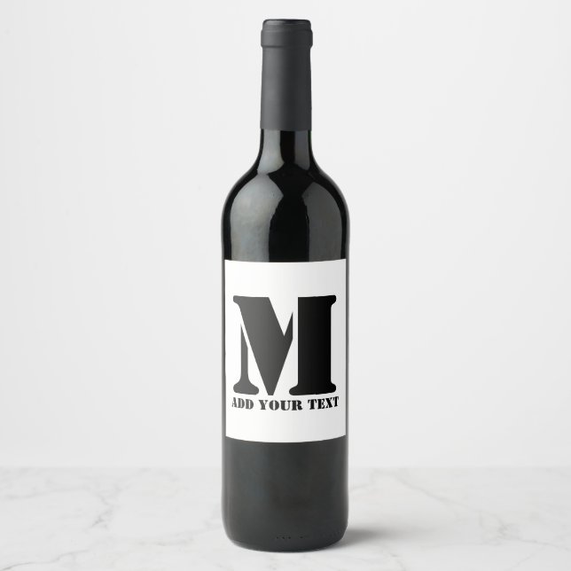 Personalized Monogram Black Custom Modern Text Wine Label (Front)