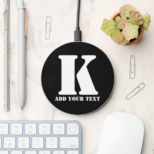 Personalized Monogram Black Custom Modern Text Wireless Charger (Desk)
