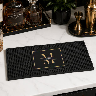 Personalized Monogram Black Gold Bar Mat