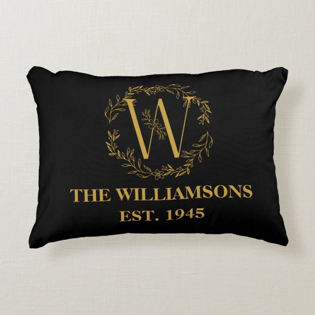 Personalized Monogram Black & Gold Family Initial  Accent Pillow (Front)