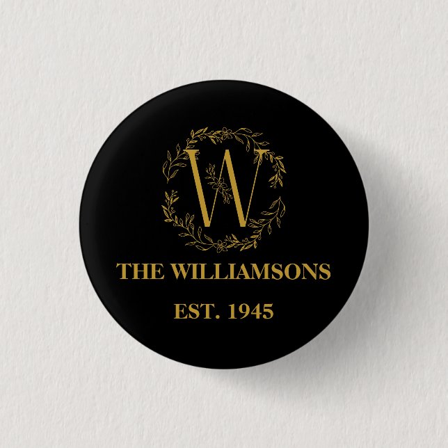 Personalized Monogram Black & Gold Family Initial Button (Front)