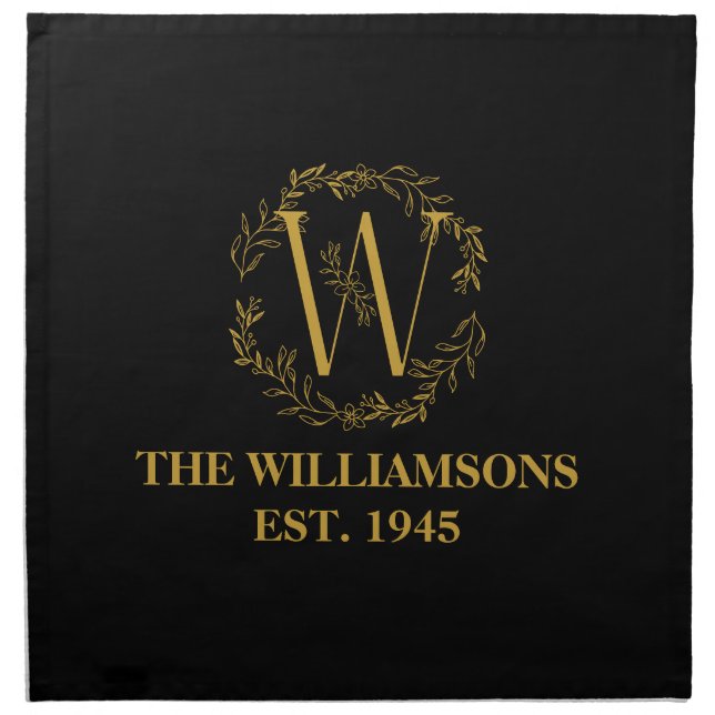 Personalized Monogram Black & Gold Family Initial Cloth Napkin (Front)