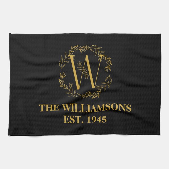 Personalized Monogram Black & Gold Family Initial Kitchen Towel (Horizontal)