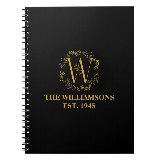 Personalized Monogram Black & Gold Family Initial Notebook (Front)