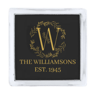 Personalized Monogram Black & Gold Family Initial Silver Finish Lapel Pin