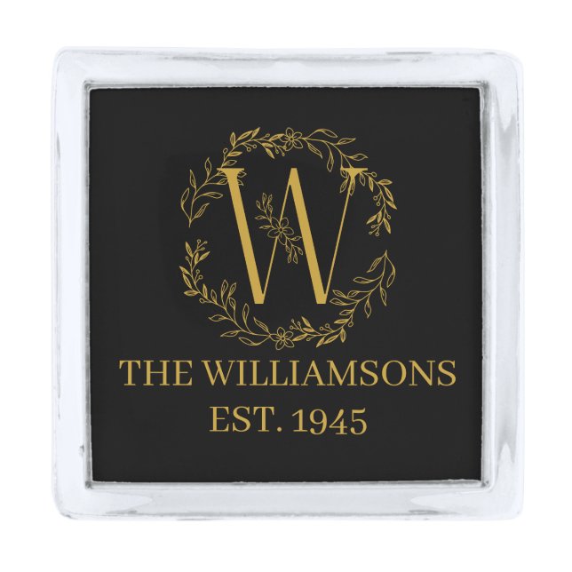 Personalized Monogram Black & Gold Family Initial Silver Finish Lapel Pin (Front)