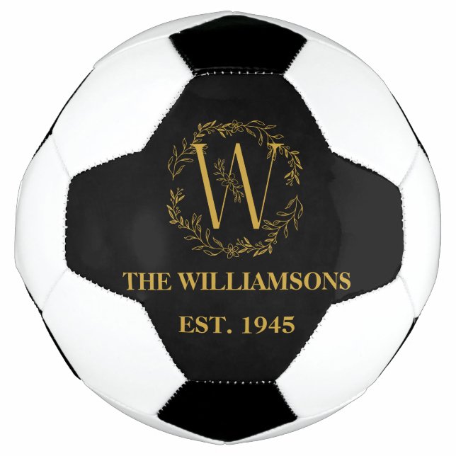 Personalized Monogram Black & Gold Family Initial  Soccer Ball (Front)