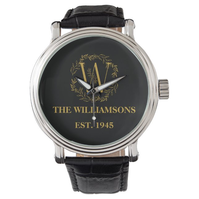 Personalized Monogram Black & Gold Family Initial Watch (Front)