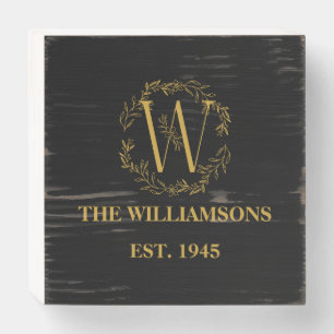 Personalized Monogram Black & Gold Family Initial  Wooden Box Sign