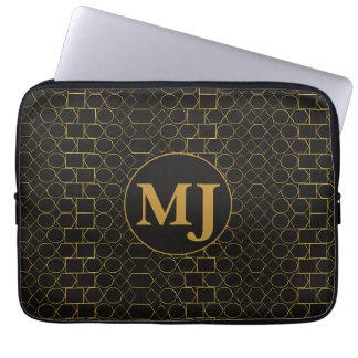 Personalized Monogram Black & Gold Geometric Gift Laptop Sleeve