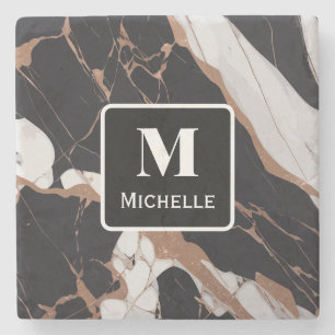 Personalized Monogram Black & Gold Marble Stone Coaster