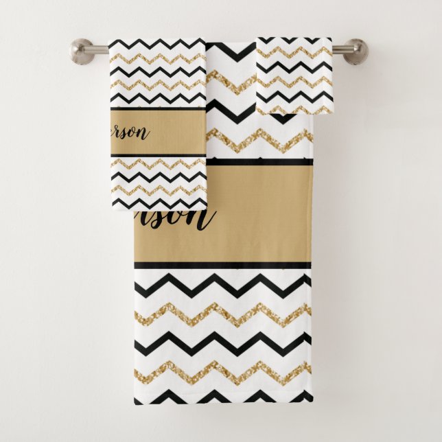 Personalized Monogram Black Gold White Chevron Bath Towel Set (Insitu)