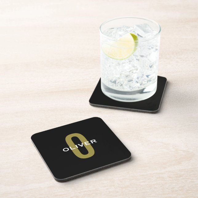Personalized Monogram Black Gold White Name Beverage Coaster (Right Side)