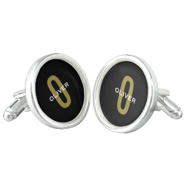 Personalized Monogram Black Gold White Name Cufflinks (Angled)